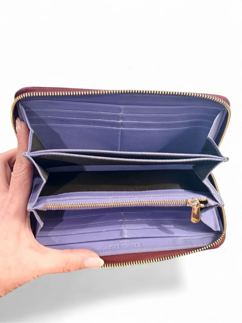 Christian Dior Vintage Trotter Print Patent Leather Long Zip Wallet | Burgundy